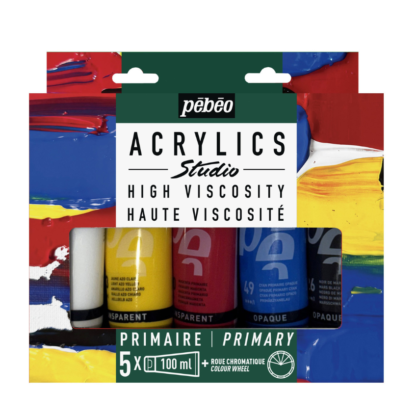 Akrilni boi set PEBEO_STUDIO_ACRYLICS_PRIMARY_SET_5_x_100_ML_COLOUR_WHEEL - акрилна боја - акрилни бои - Скопје - Македонија - Чудна шума - akrilna boja mk - akrilna boja Skopje